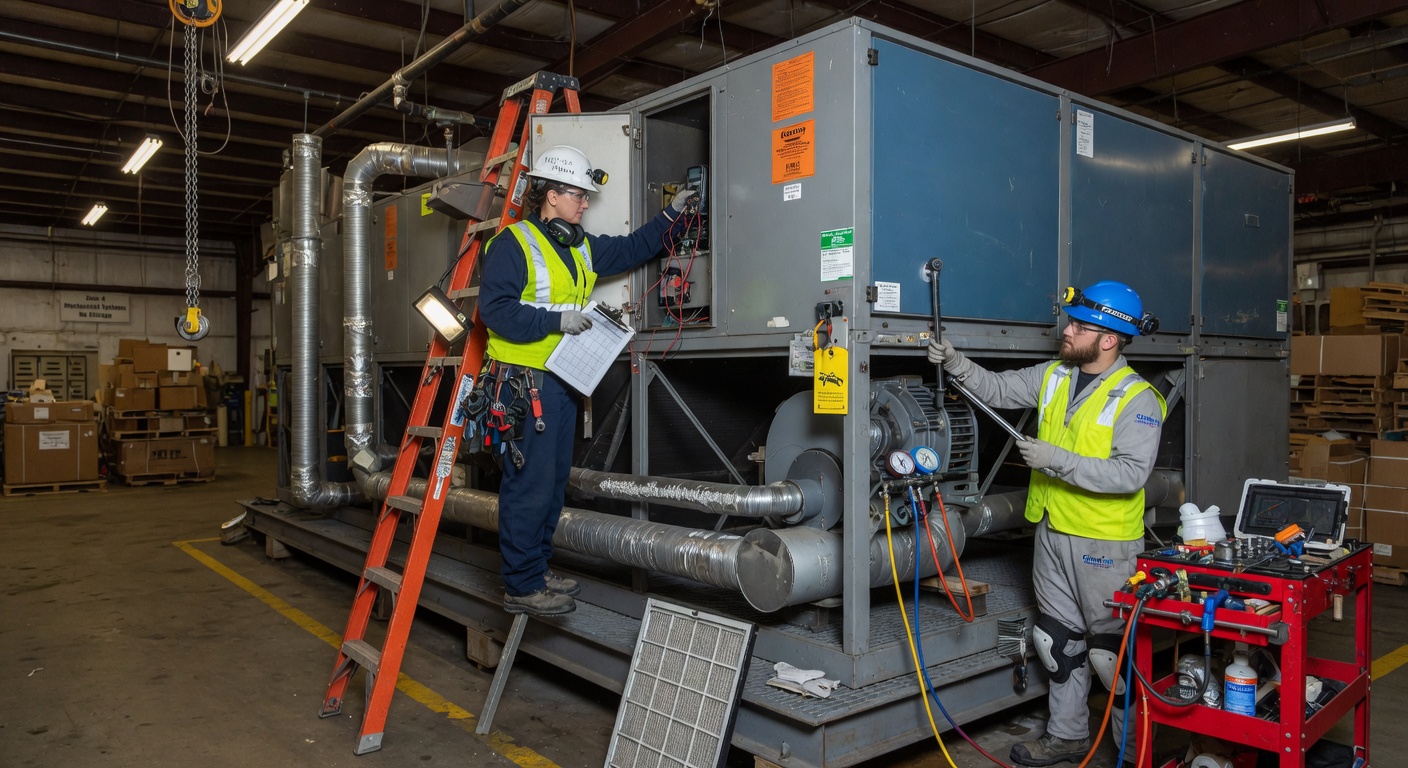 Technicians servicing large warehouse HVAC equipment