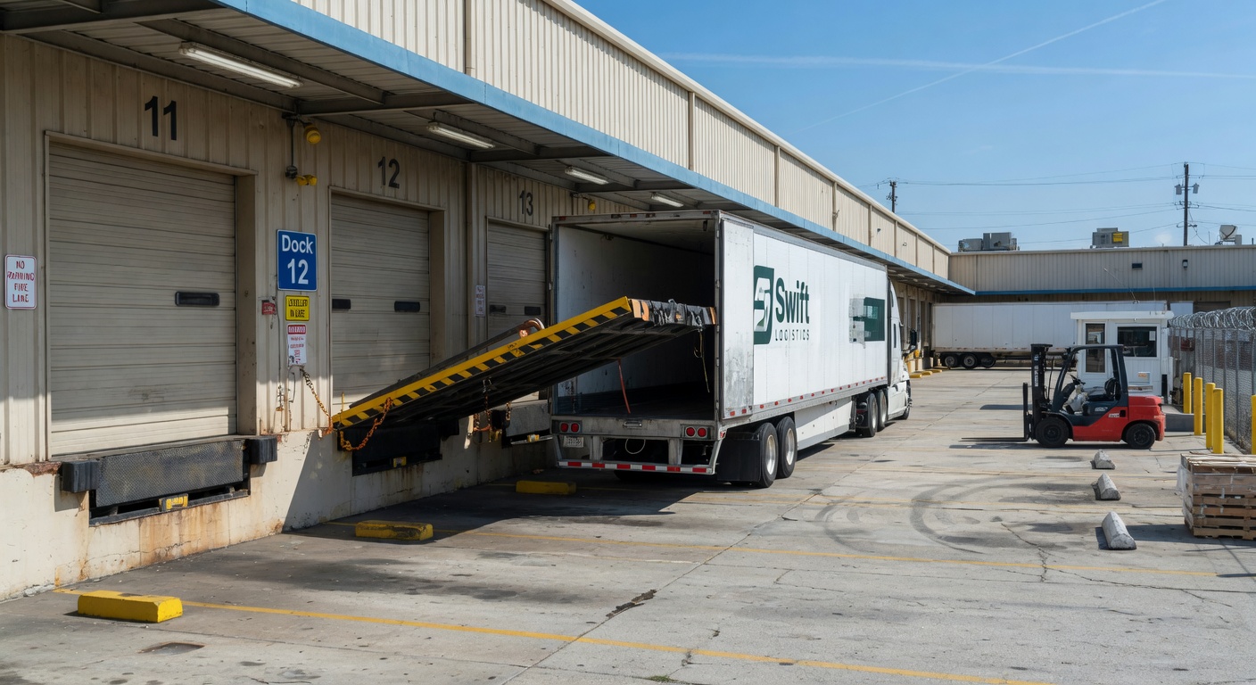 Warehouse loading dock with leveler and truck in operation