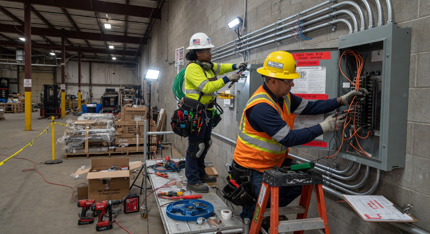 Electricians performing industrial electrical work in a warehouse