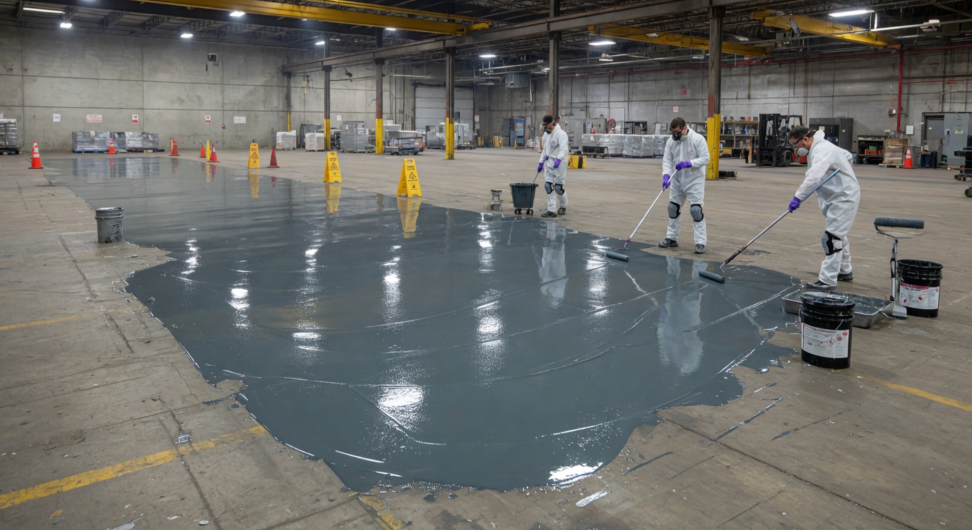 Application of industrial floor coating in a warehouse