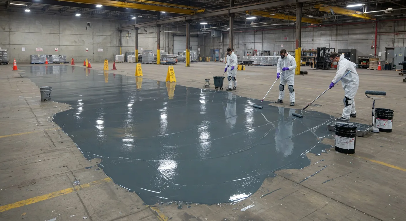 Workers applying epoxy floor coating to a large warehouse concrete floor