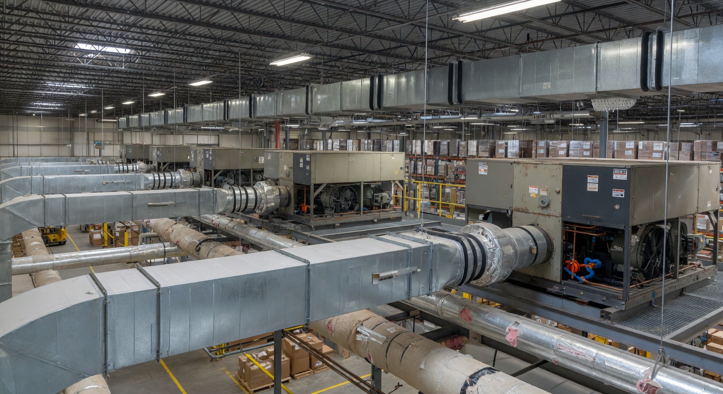 Large industrial HVAC units and ductwork in a warehouse ceiling