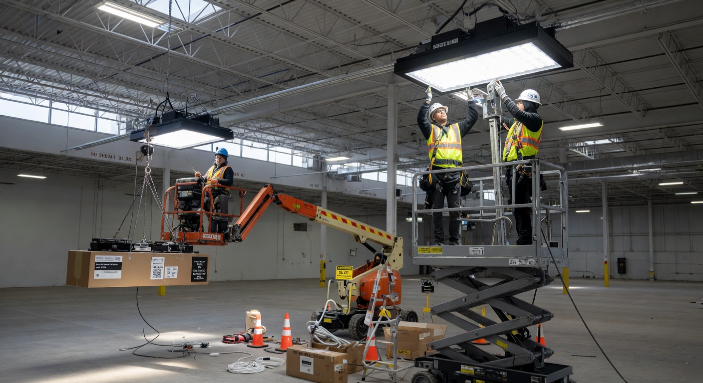 High-bay LED lighting installation in a large warehouse facility