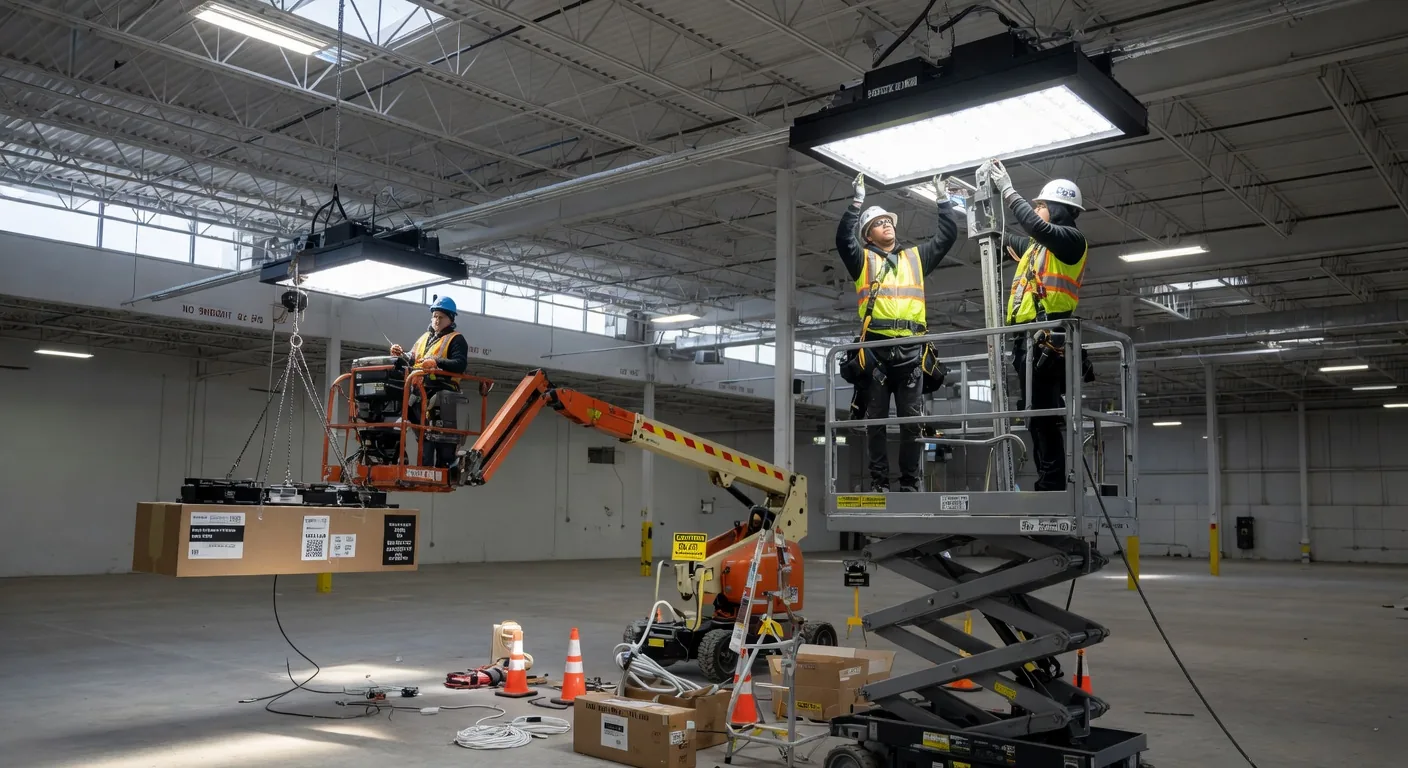 High-bay LED lighting installation in a large warehouse facility