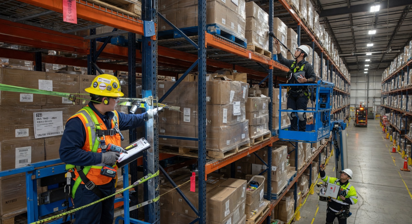 Warehouse racking system being inspected and maintained by technicians