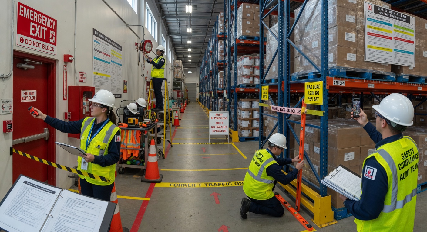 Safety professional conducting warehouse compliance audit