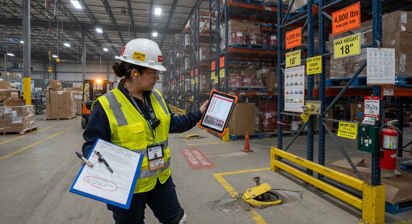 Warehouse safety inspection and compliance audit in progress