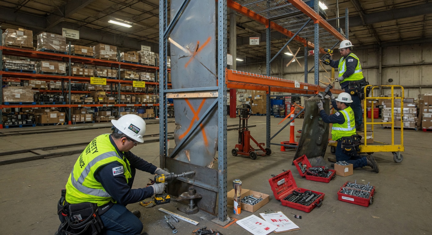 Technicians repairing and reinforcing warehouse racking system