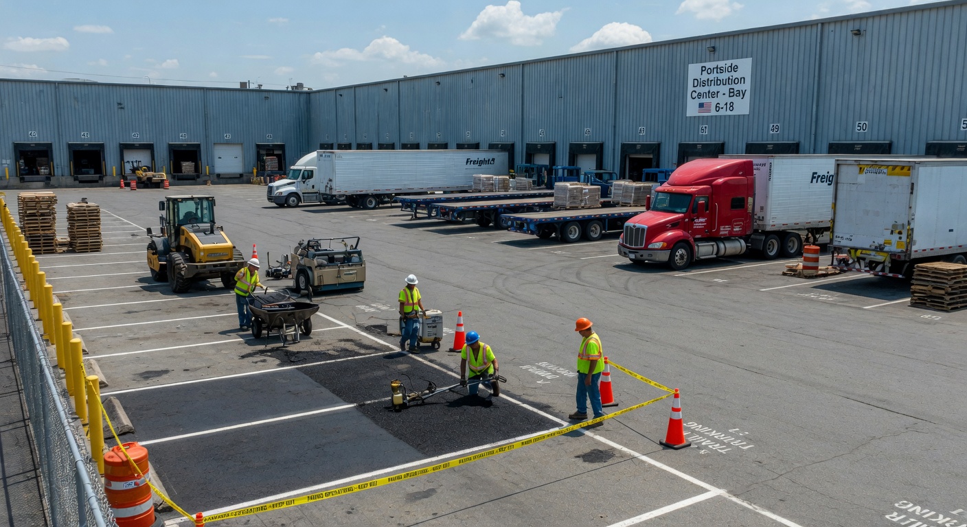 Warehouse yard with trucks and pavement maintenance in progress