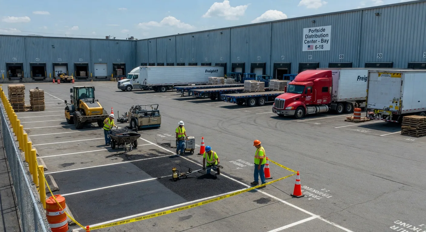 Warehouse yard with trucks and pavement maintenance in progress